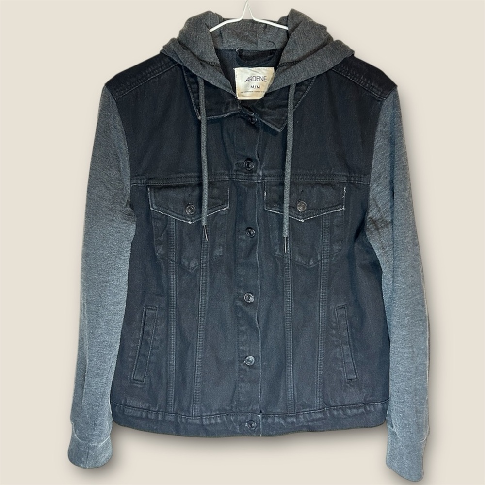 Ardene Black Denim Jacket w/ Gray Sleeves, Hood & Drawstrings - Size M/M